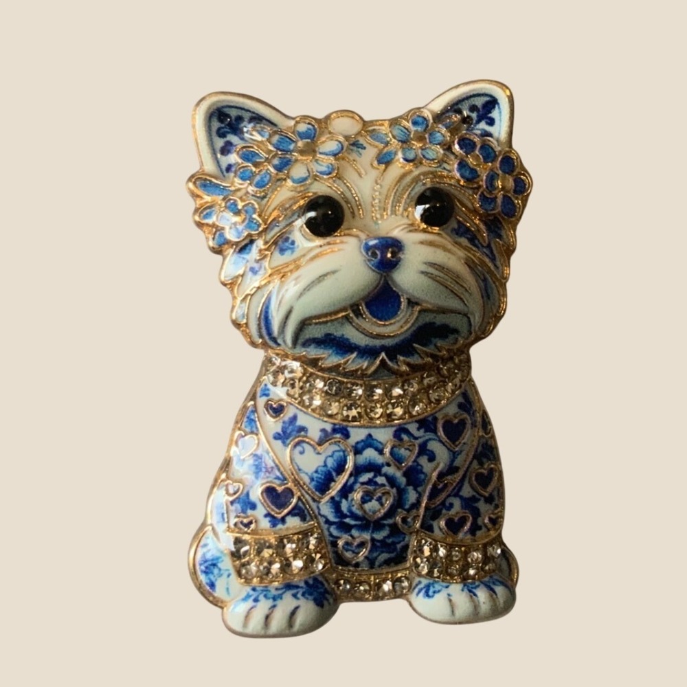 Vintage Blue White Enamel Yorkie Brooch Pin Rhinestone Gold Tone